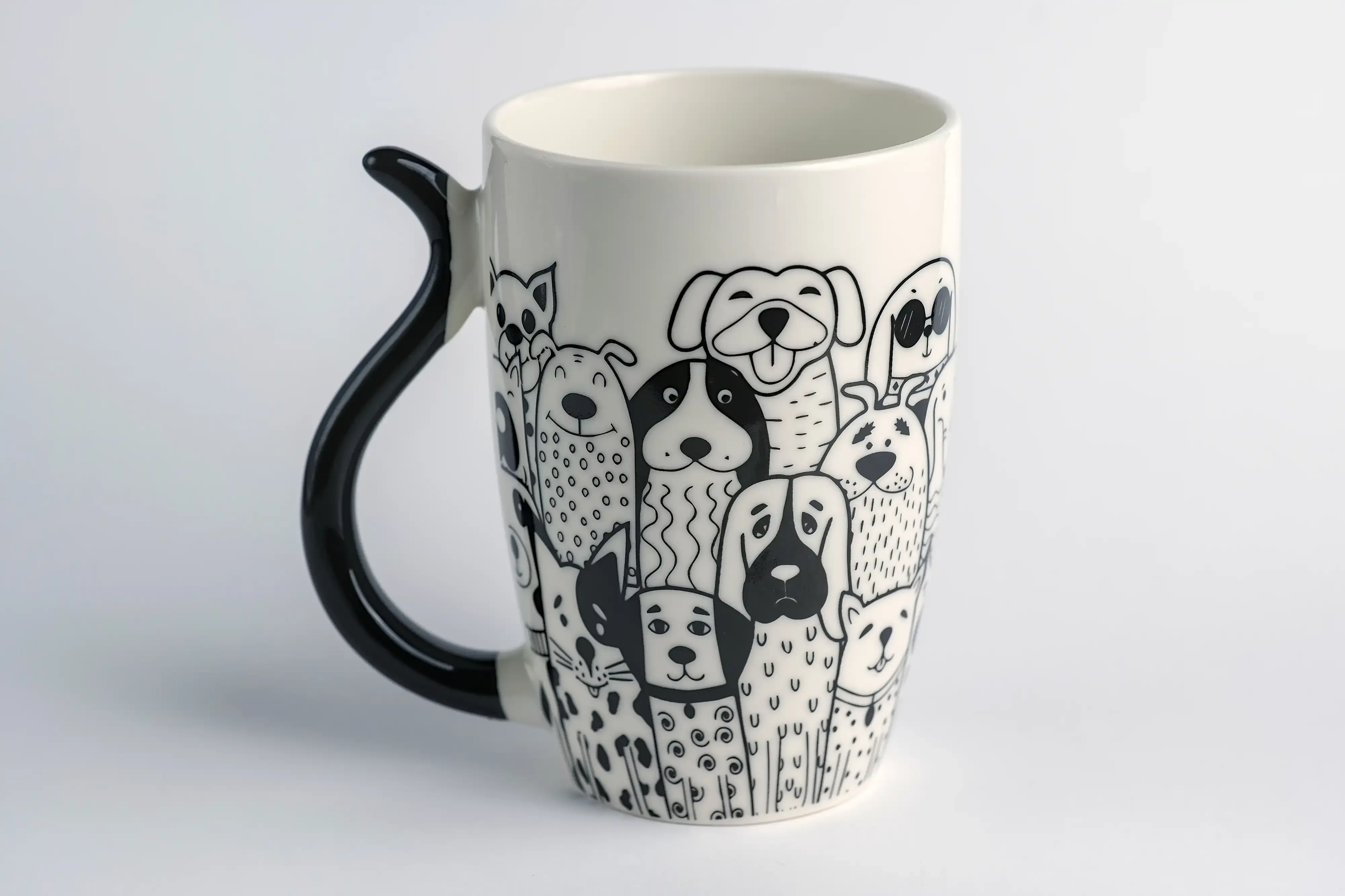 Fotografia de produto de uma caneca branca com uma ilustração de diversos cães em toda a volta. A pega tem a forma de uma cauda de cão a preto.